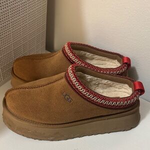 UGG Tan Suede Slip-Ons with Red Accent